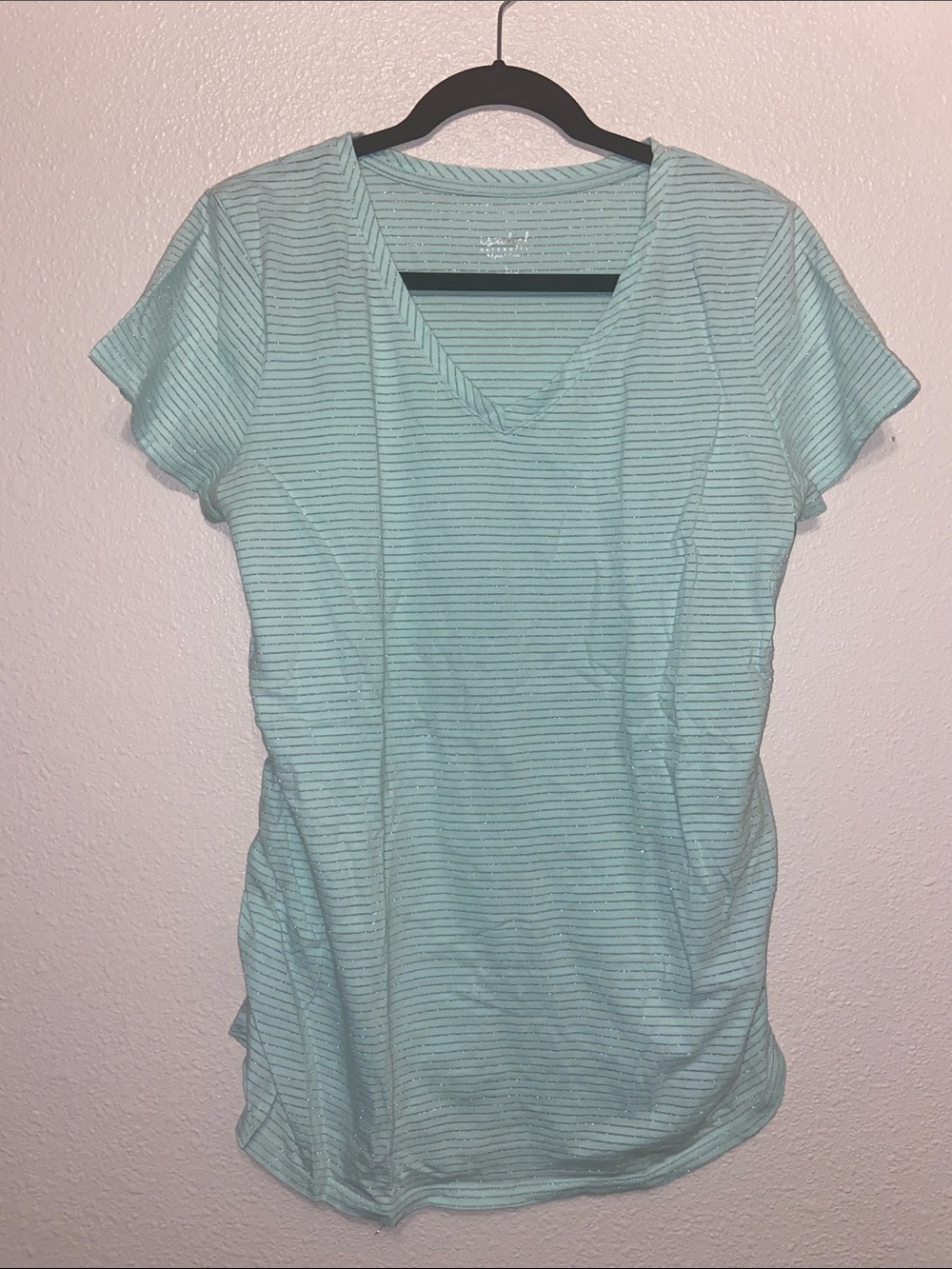 Isabel Maternity by Ingrid & Isabel Mint Striped V-Neck Tee, Size Large